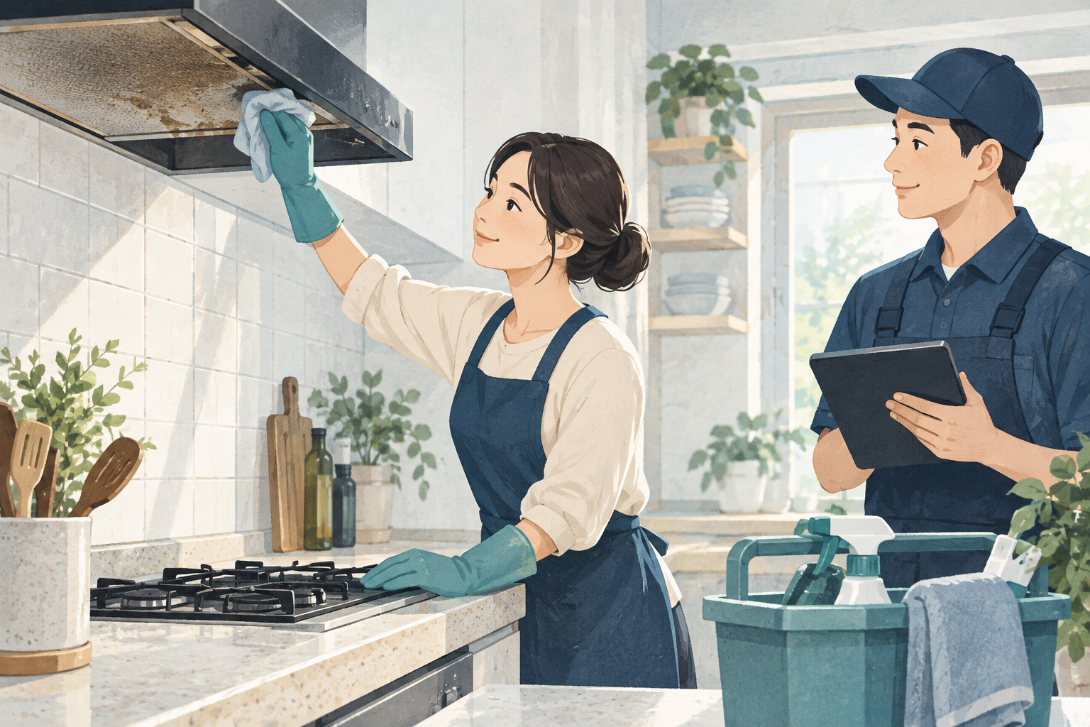 주방 기름때 청소 5단계와 청소 업체 선택 기준 관련 설명용 삽화