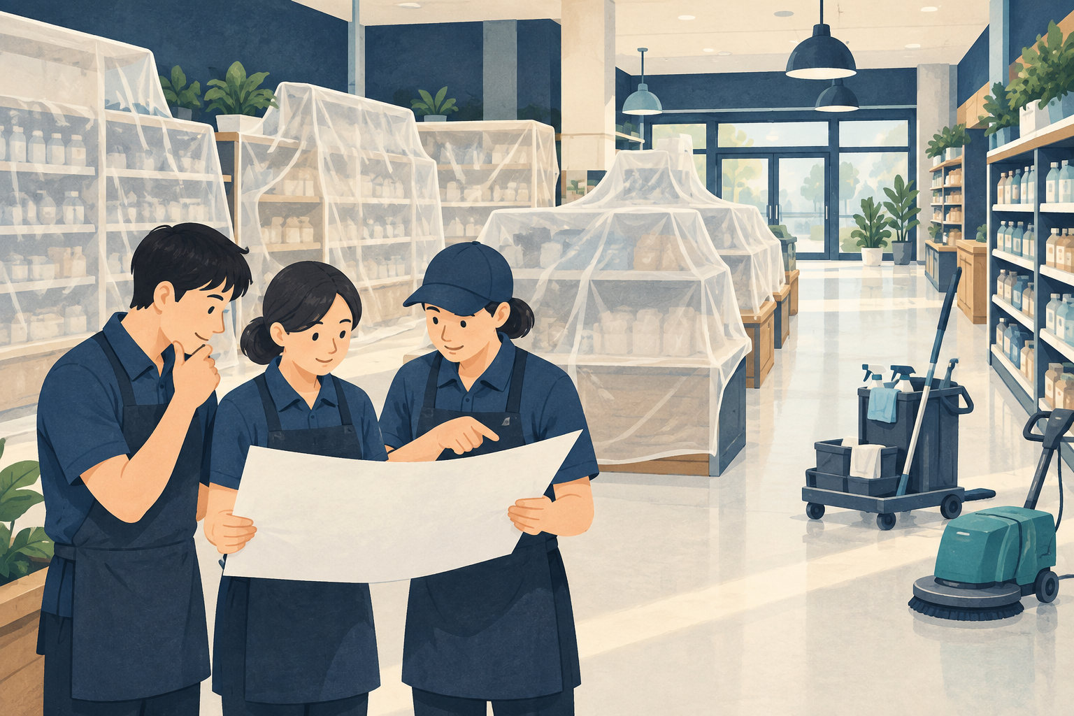 매장청소 일정, 진열 상품과 청소 구역을 나누는 방법 관련 설명용 삽화