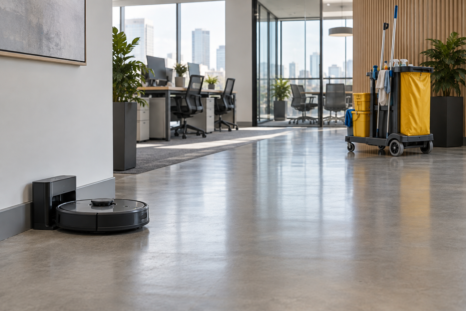 로봇청소기를 쓰는 사무실, 정기청소와 가동 시간을 맞추는 방법 관련 설명용 삽화